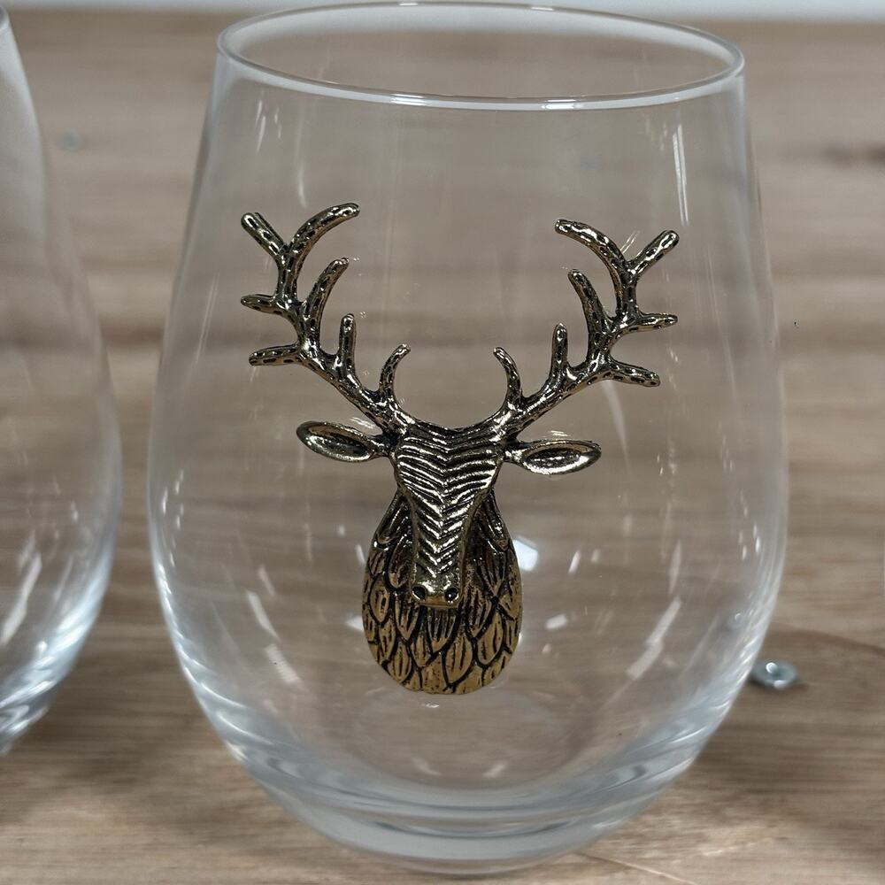 Brass Deer Embellished Stemless Wine Glasses 3D Buck~Set of 4 - Picture 4 of 7